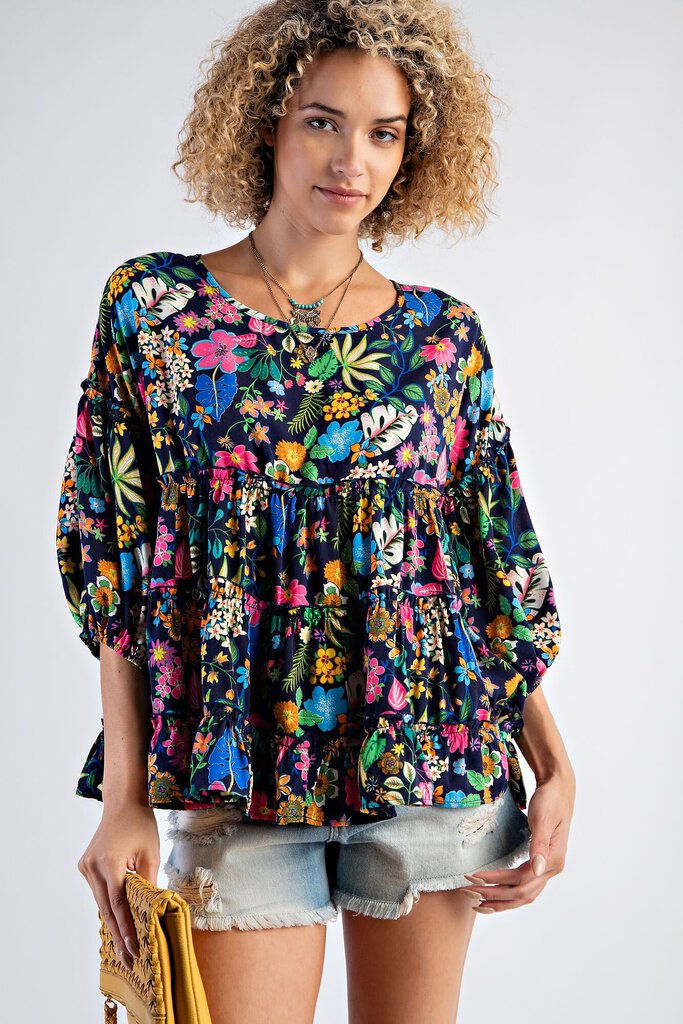 EASEL Navy and Mixed Floral Tiered Top