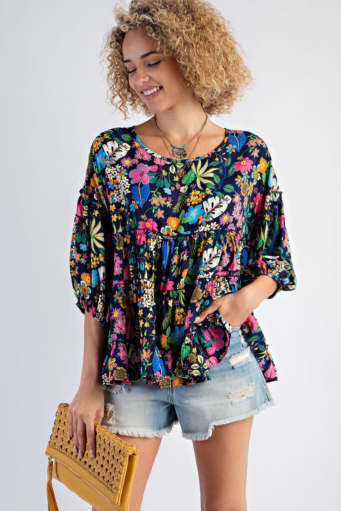 EASEL Navy and Mixed Floral Tiered Top