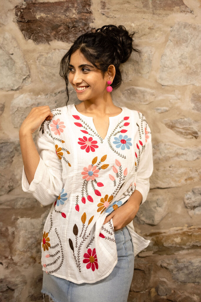 AVANI White Mid Sleeve Cotton Gauze Embroidered Top