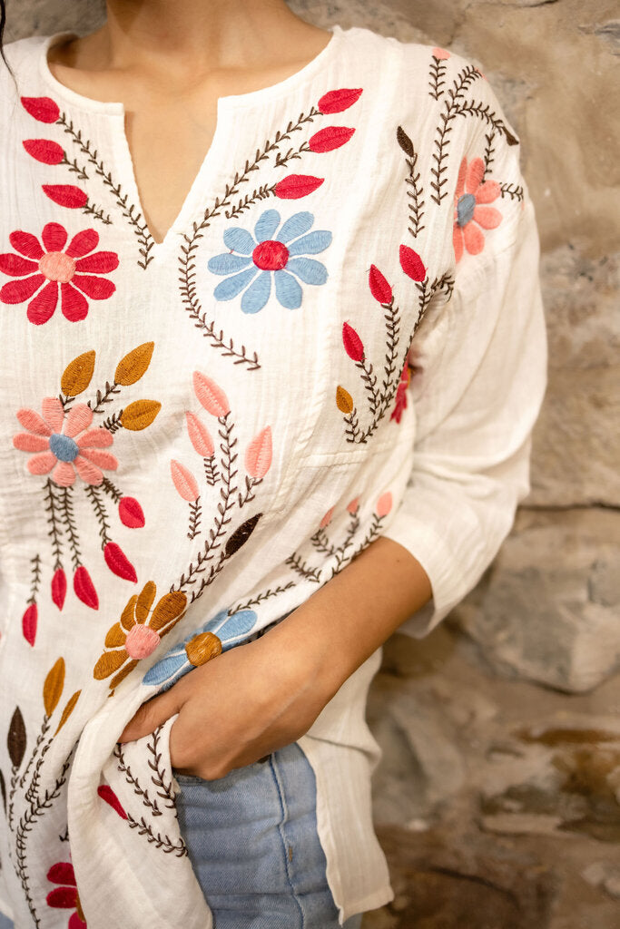 AVANI White Mid Sleeve Cotton Gauze Embroidered Top