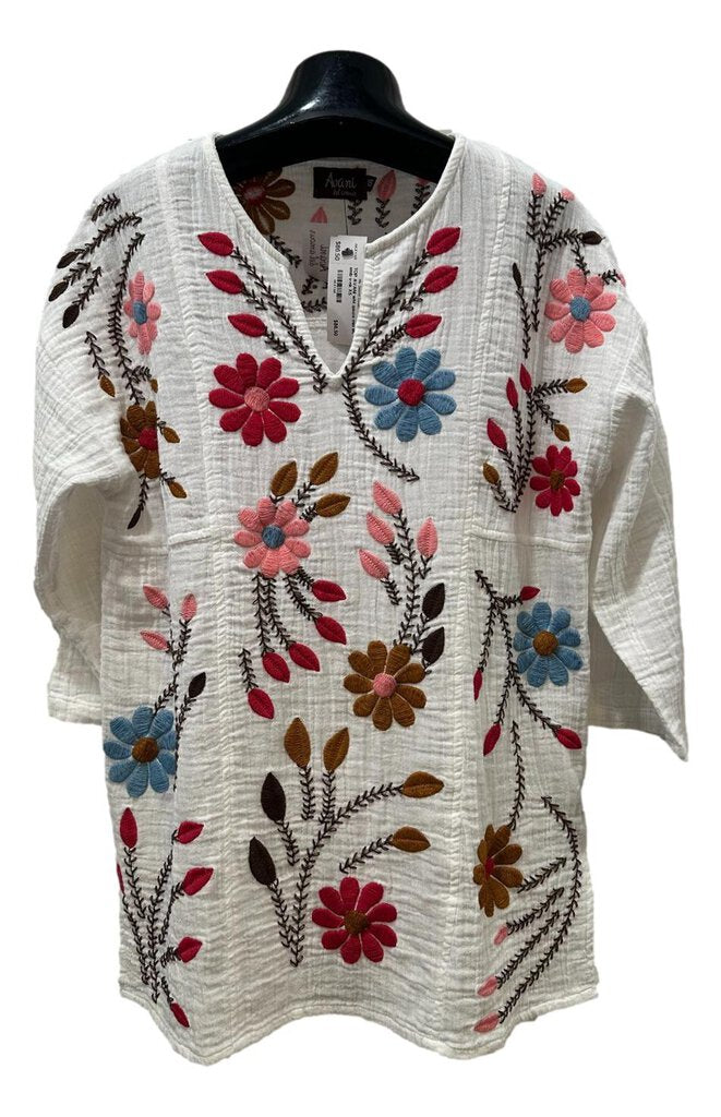 AVANI White Mid Sleeve Cotton Gauze Embroidered Top
