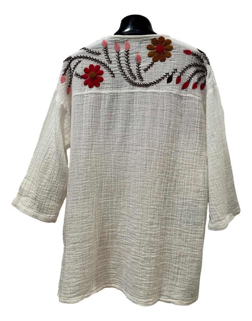 AVANI White Mid Sleeve Cotton Gauze Embroidered Top
