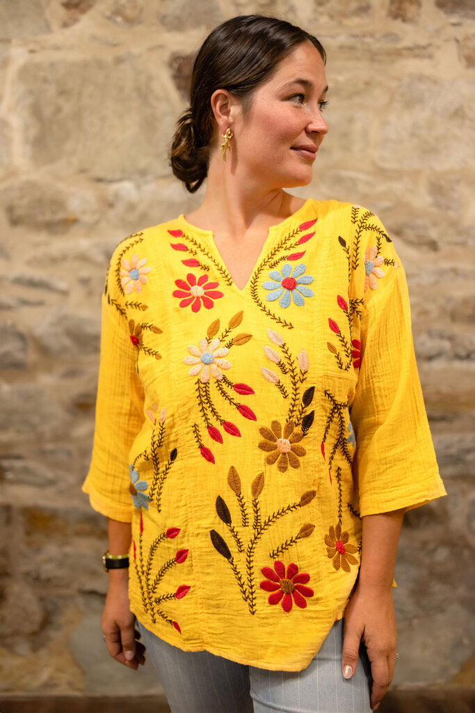 AVANI YELLOW MID SLEEVE COTTON GAUZE EMBROIDERED TOP