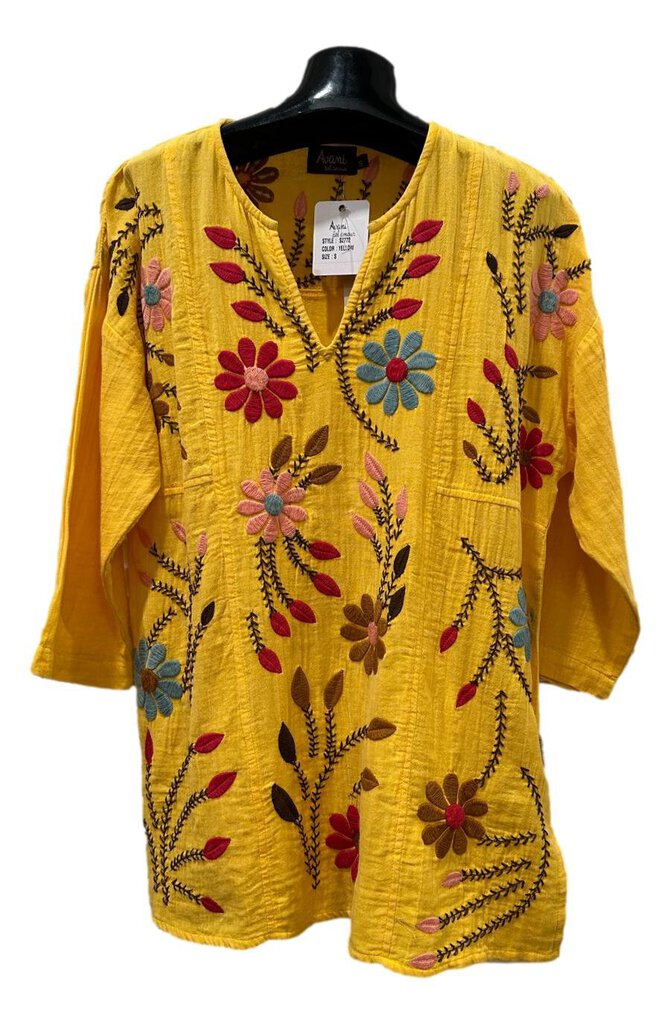 AVANI YELLOW MID SLEEVE COTTON GAUZE EMBROIDERED TOP