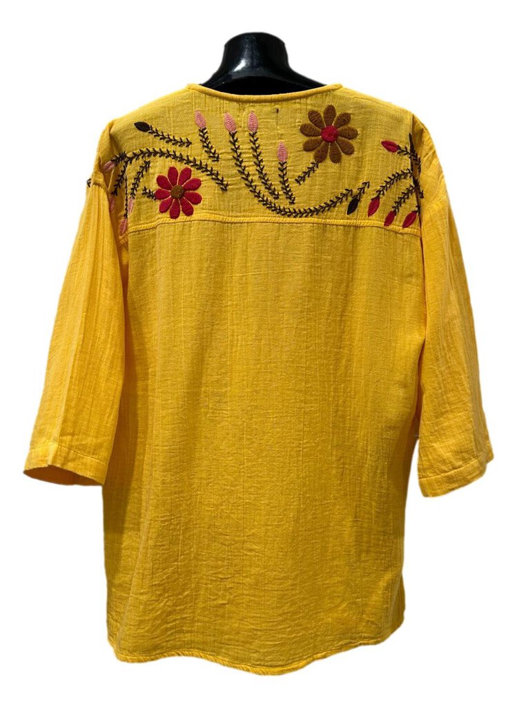 AVANI YELLOW MID SLEEVE COTTON GAUZE EMBROIDERED TOP