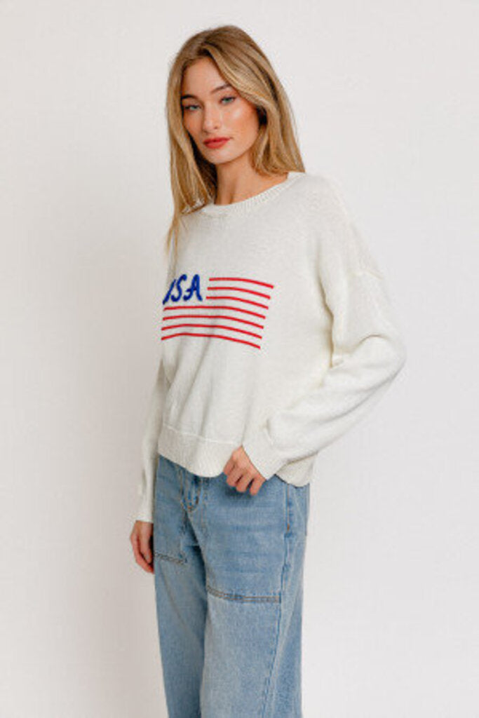 LELIS Cream Long Sleeve with USA Flag Sweater Top