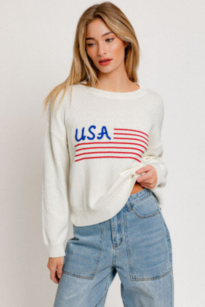 LELIS Cream Long Sleeve with USA Flag Sweater Top