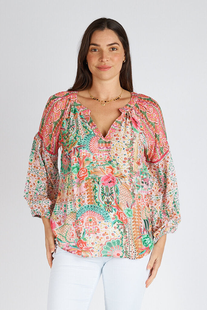 LULA SOUL Long Sleeve Pink and Mixed Paisley Floral Top