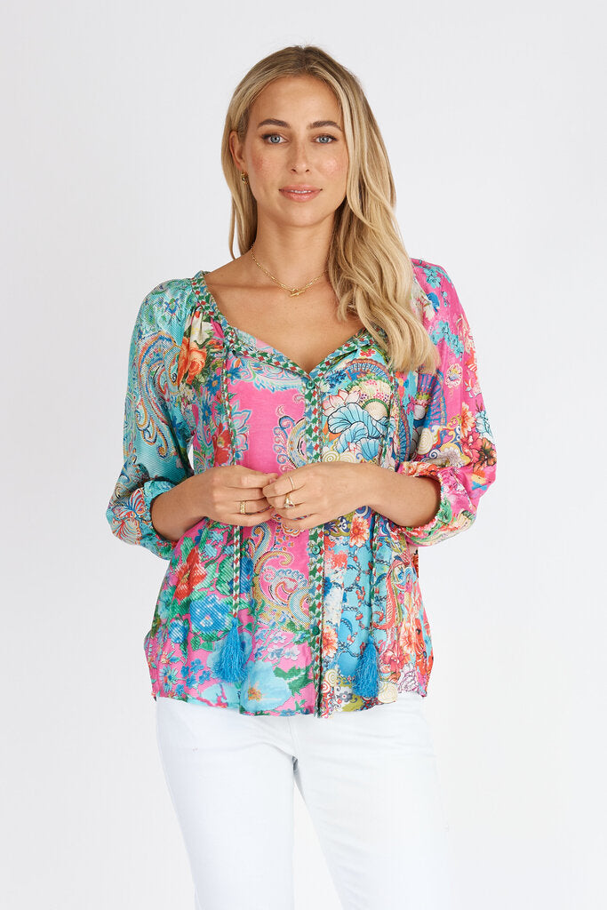 LULA LIFE Multi Floral and Paisley Mid Sleeve Button Down Top