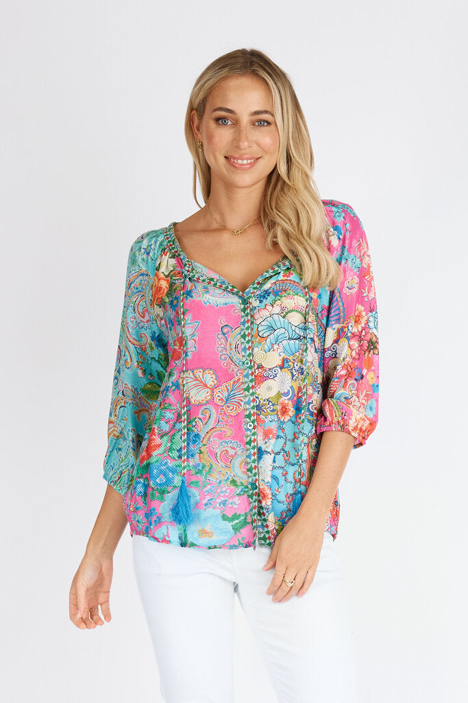 LULA LIFE Multi Floral and Paisley Mid Sleeve Button Down Top