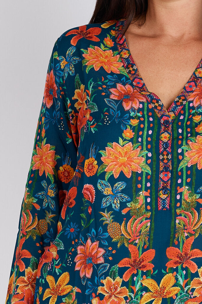 LULA SOUL Navy and Mixed Floral Long Sleeve Tunic Top