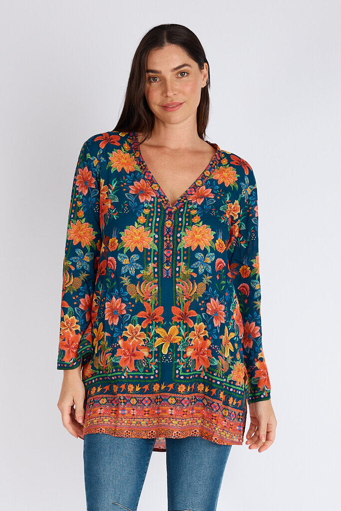 LULA SOUL Navy and Mixed Floral Long Sleeve Tunic Top