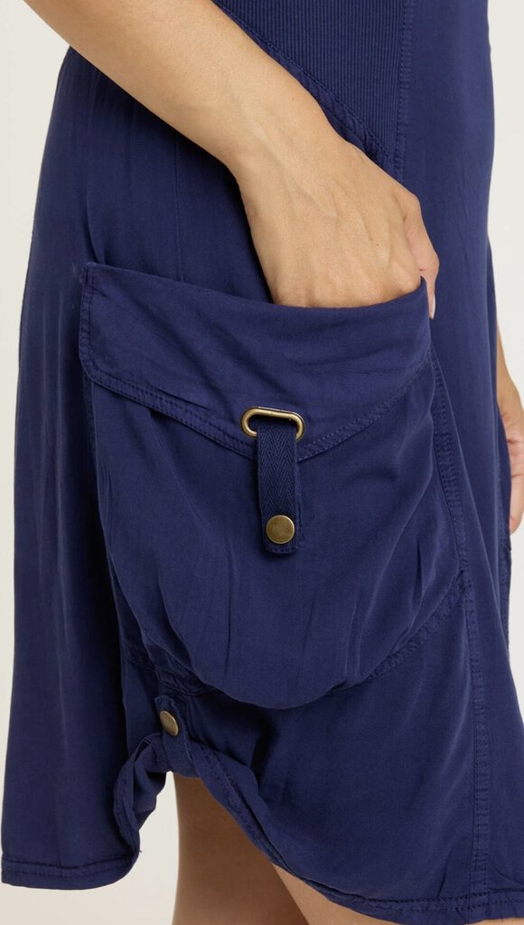 WEARABLES Sleeveless Navy Twill Dress with Drape Pockets