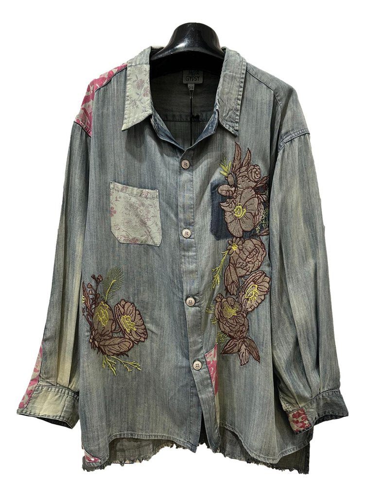 JADED GYPSY Denim Stone Washed Button-up Embroidered Shirt Top