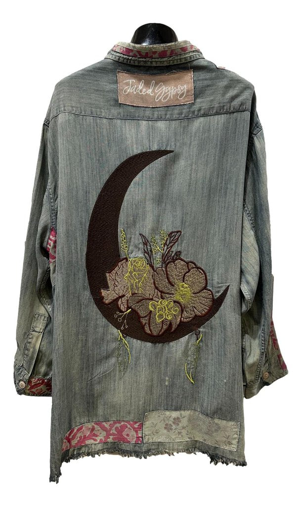 JADED GYPSY Denim Stone Washed Button-up Embroidered Shirt Top