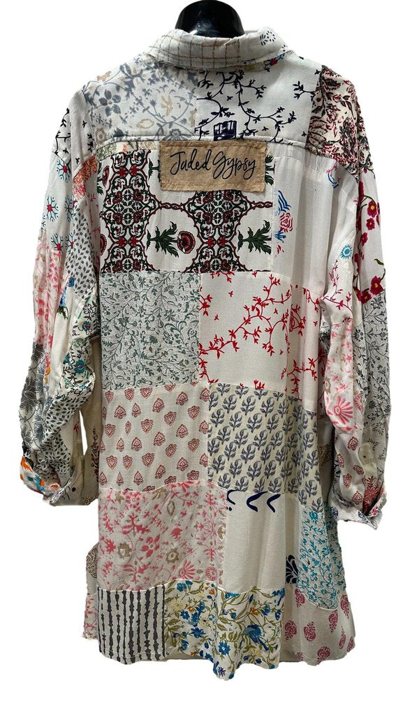 JADED GYPSY Multi Print Patchwork Sunrise Button-up Long Sleeve High-low Tunic Top