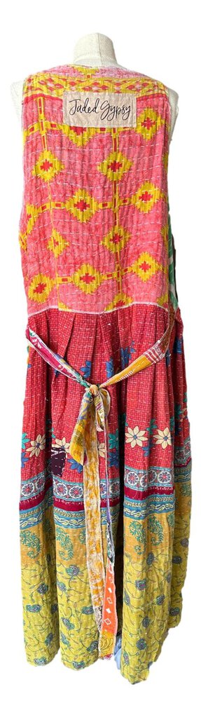 JADED GYPSY SLEEVELESS MIX ONE OF A KIND LONG KANTHA SUNRISE PATCH VEST DUSTER