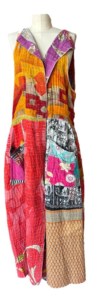 JADED GYPSY SLEEVELESS ONE OF A KIND KANTHA SUNRISE LONG PATCH VEST DUSTER
