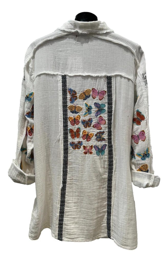 AVANI White Cotton Gauze Long Sleeve Button-up Butterfly Embroidered Top