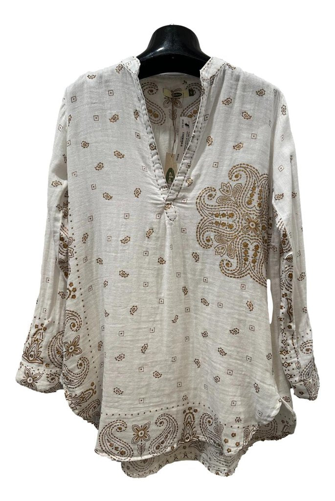 DOLMA White and Gold Paisley Long Sleeve V-neck Cotton Gauze Top