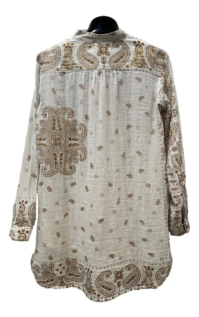 DOLMA White and Gold Paisley Long Sleeve V-neck Cotton Gauze Top