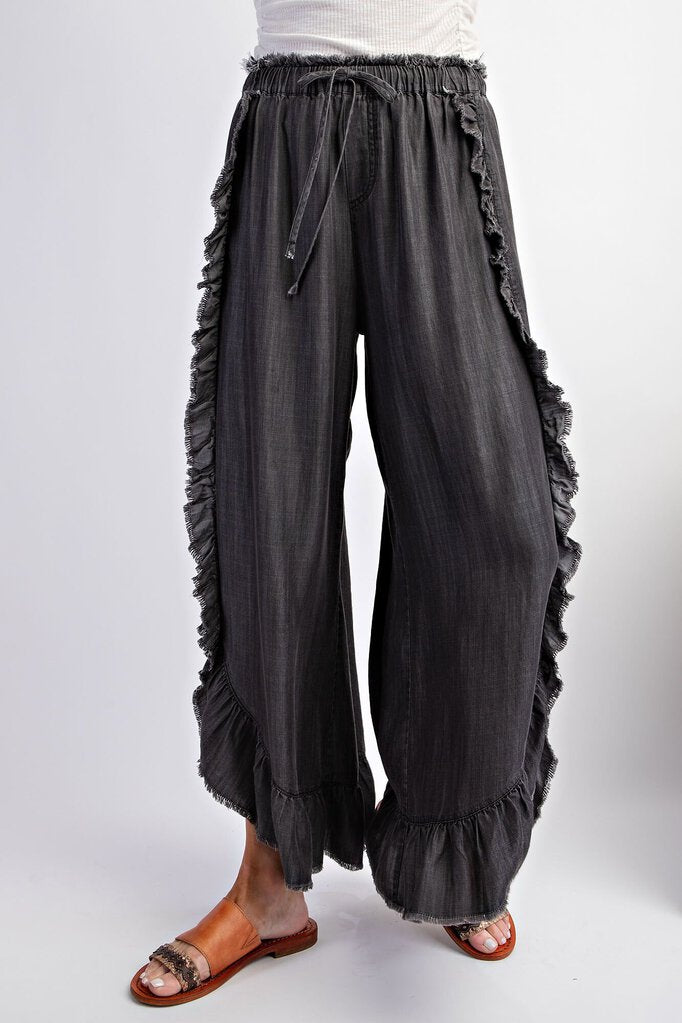 EASEL Washed Black Loose Fit Ruffle Pant