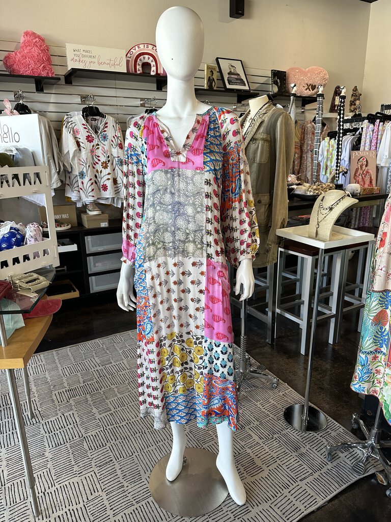 RUBY YAYA Stunning Multi Printed V-neck Silk Looking Dress