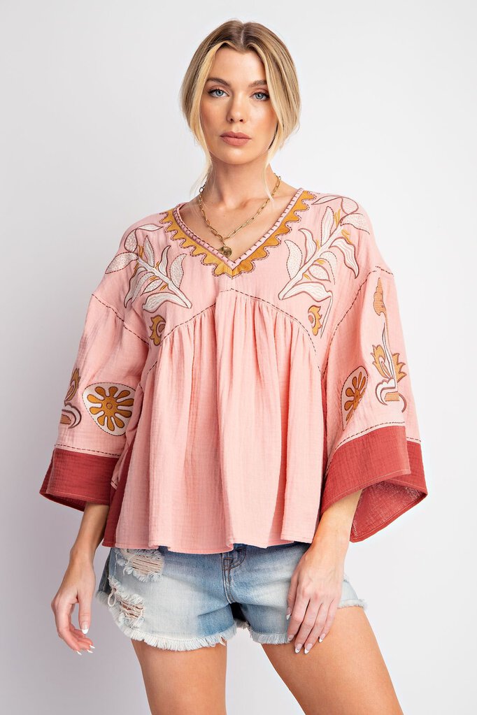EASEL Antique Rose Cotton Gauze with Embroidery Detail V-neck Top