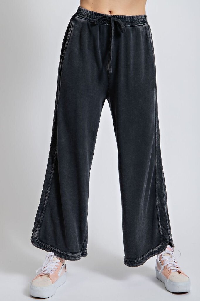 Easel Black Mineral Wash Terry Knit Cotton Pant