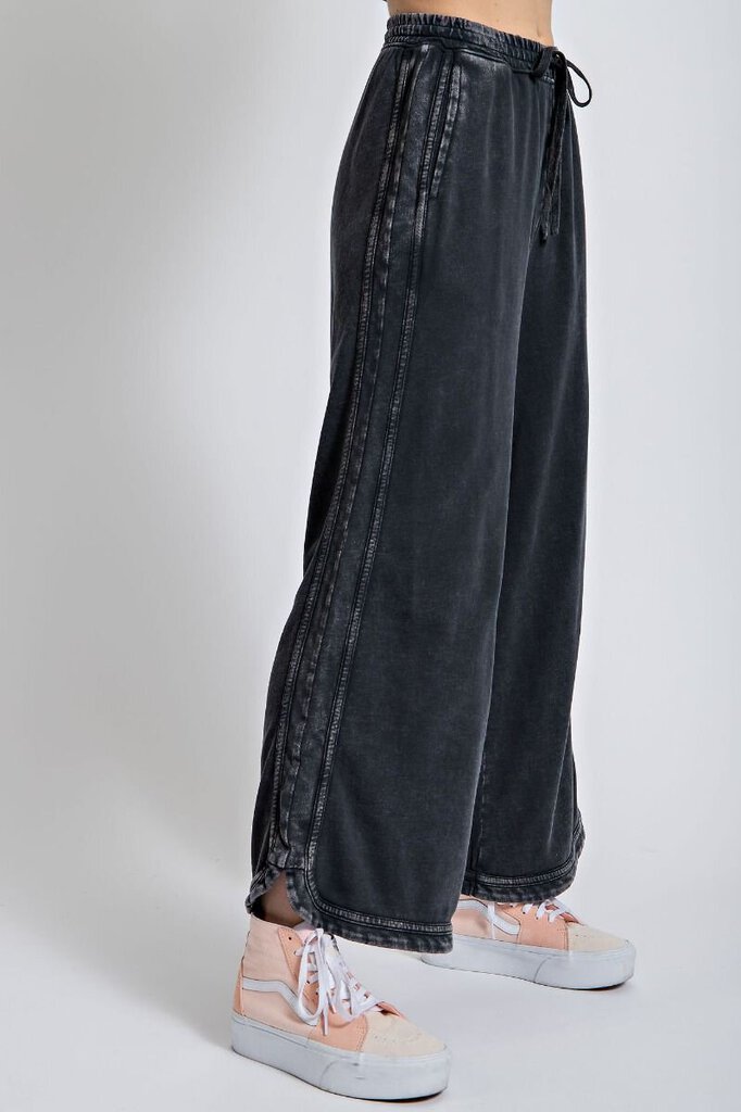Easel Black Mineral Wash Terry Knit Cotton Pant