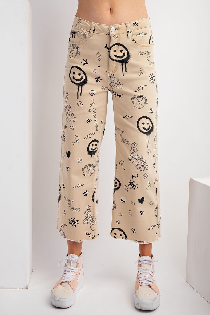 EASEL Tan Wide Leg Stretch Denim Printed Jean