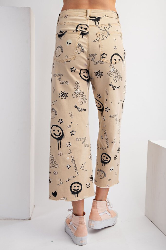 EASEL Tan Wide Leg Stretch Denim Printed Jean