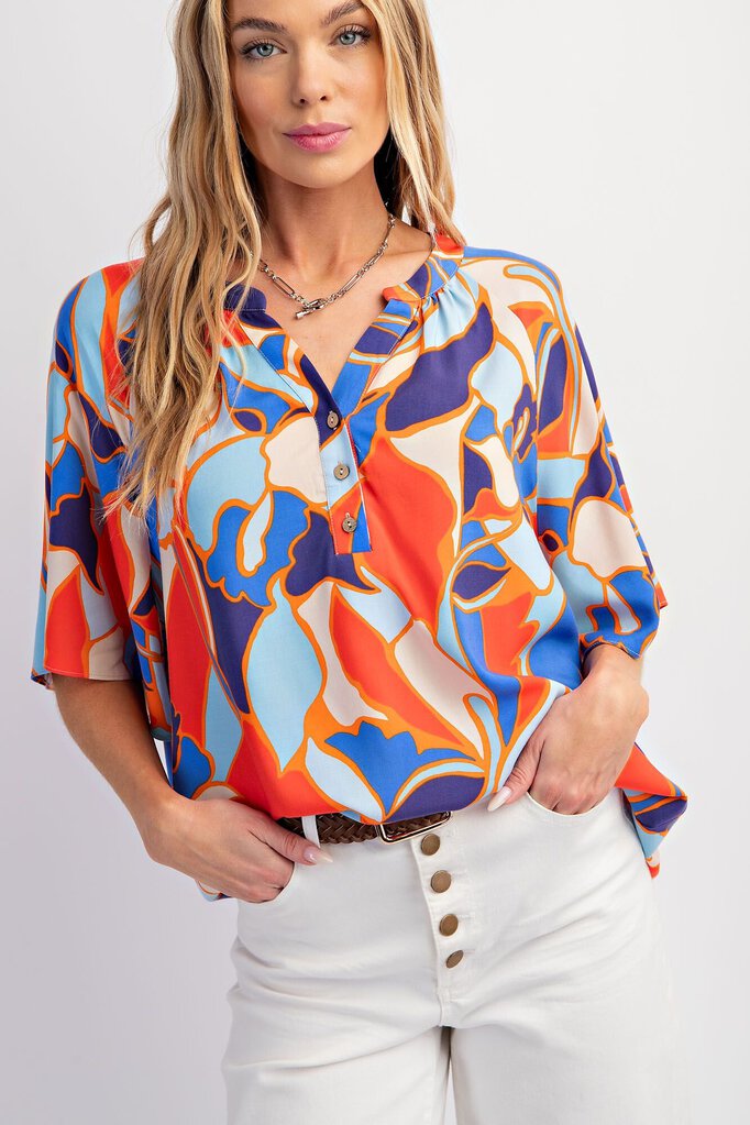 EASEL Orange Blue Mix Print Short Sleeve Split Neck Top