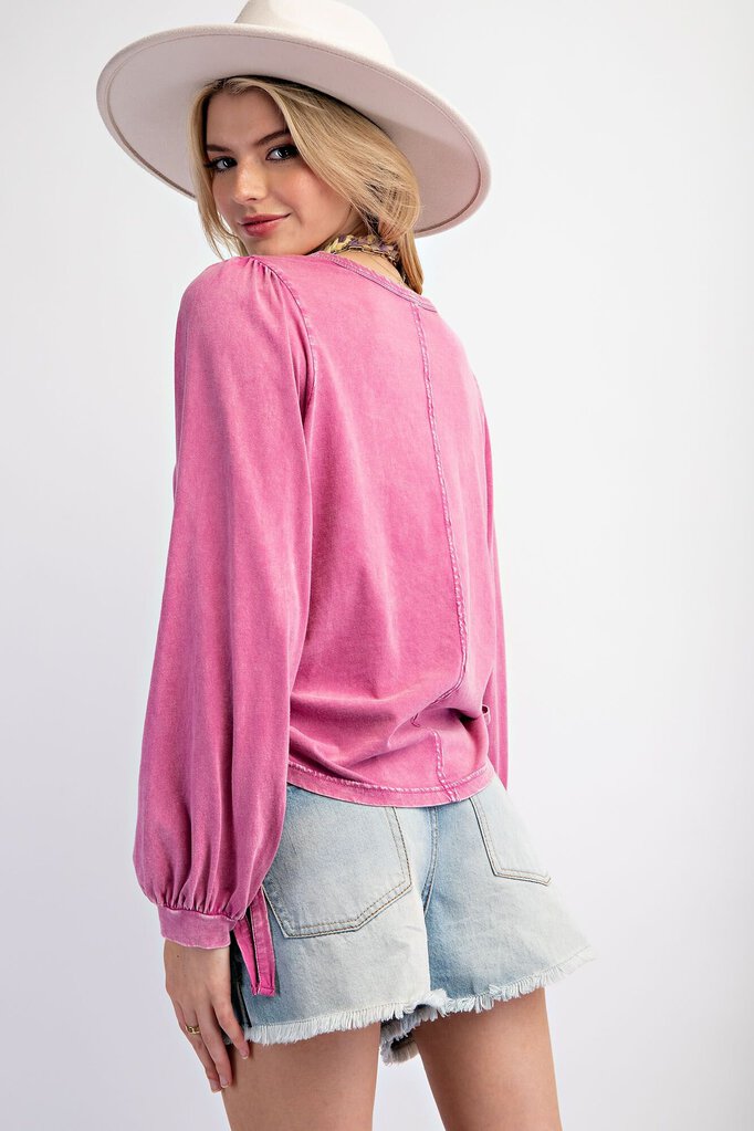 EASEL Orchid Long Sleeve Cotton Mineral Wash Adjustable Side Tie Top