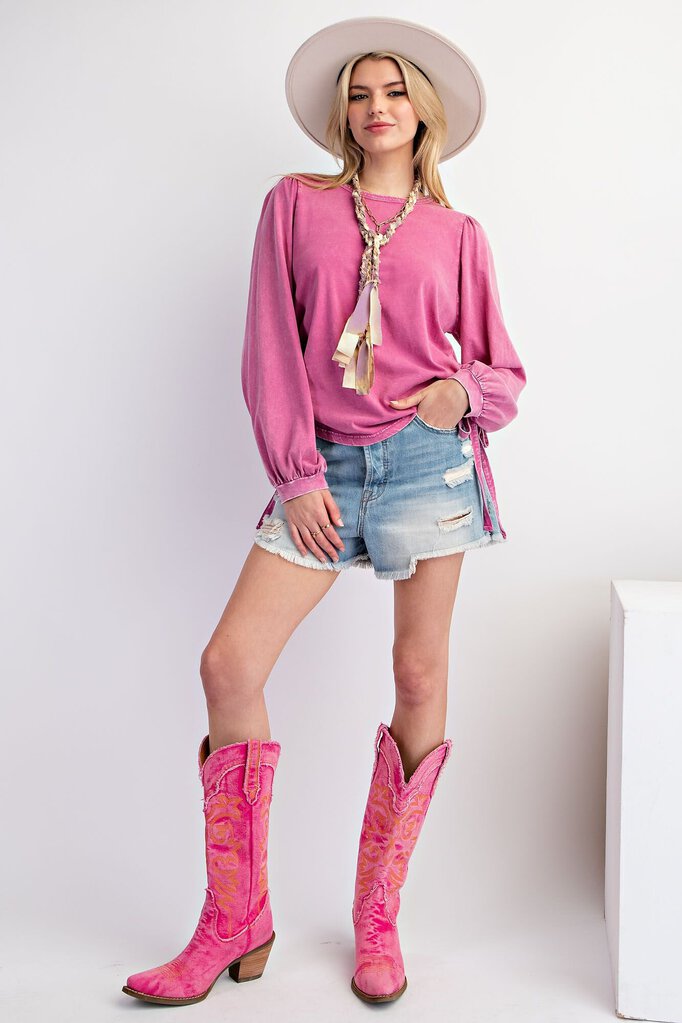 EASEL Orchid Long Sleeve Cotton Mineral Wash Adjustable Side Tie Top