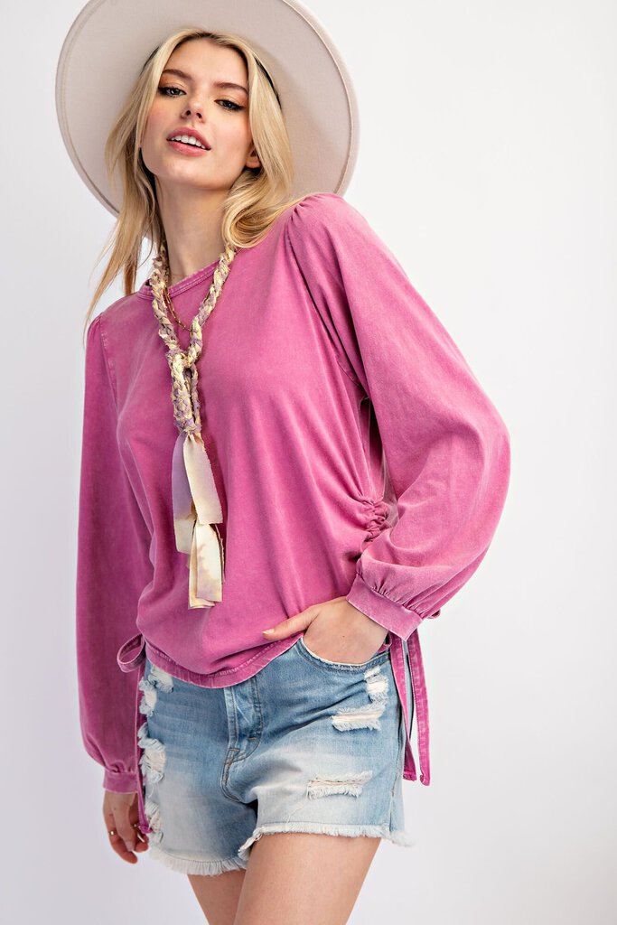 EASEL Orchid Long Sleeve Cotton Mineral Wash Adjustable Side Tie Top