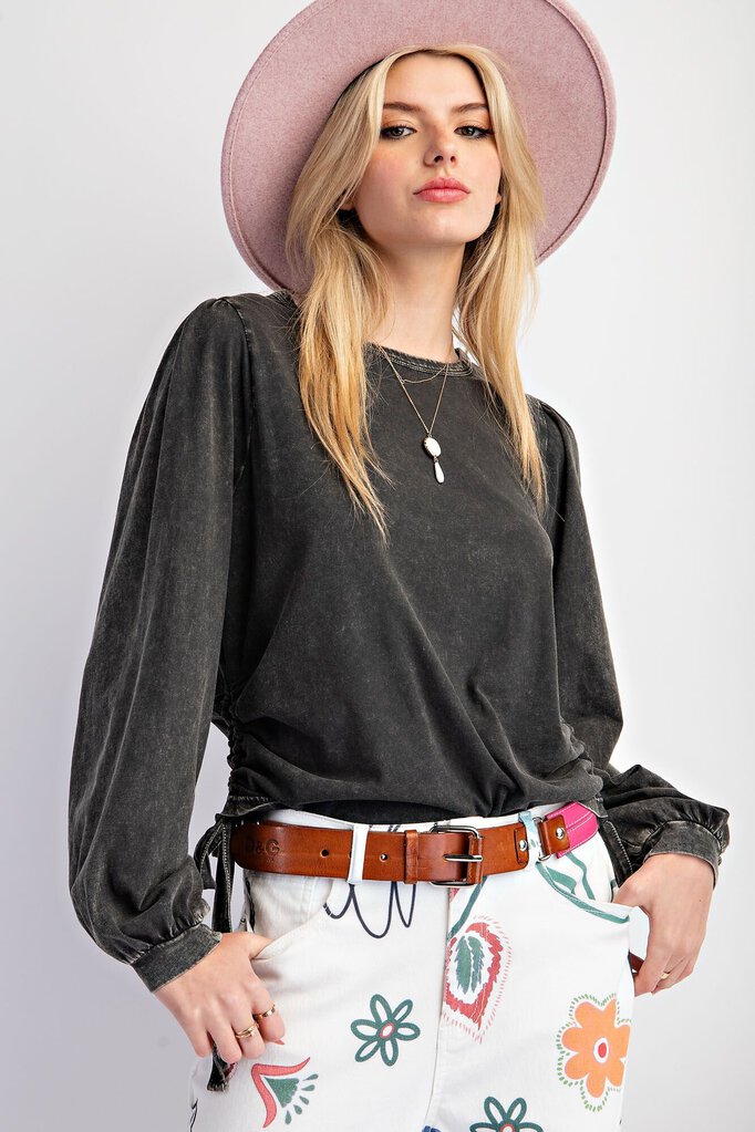 EASEL Black Long Sleeve Cotton Mineral Wash Adjustable Side Tie Top