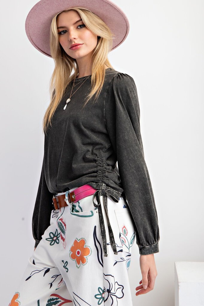 EASEL Black Long Sleeve Cotton Mineral Wash Adjustable Side Tie Top