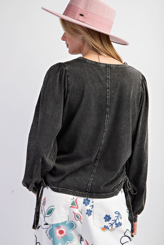 EASEL Black Long Sleeve Cotton Mineral Wash Adjustable Side Tie Top