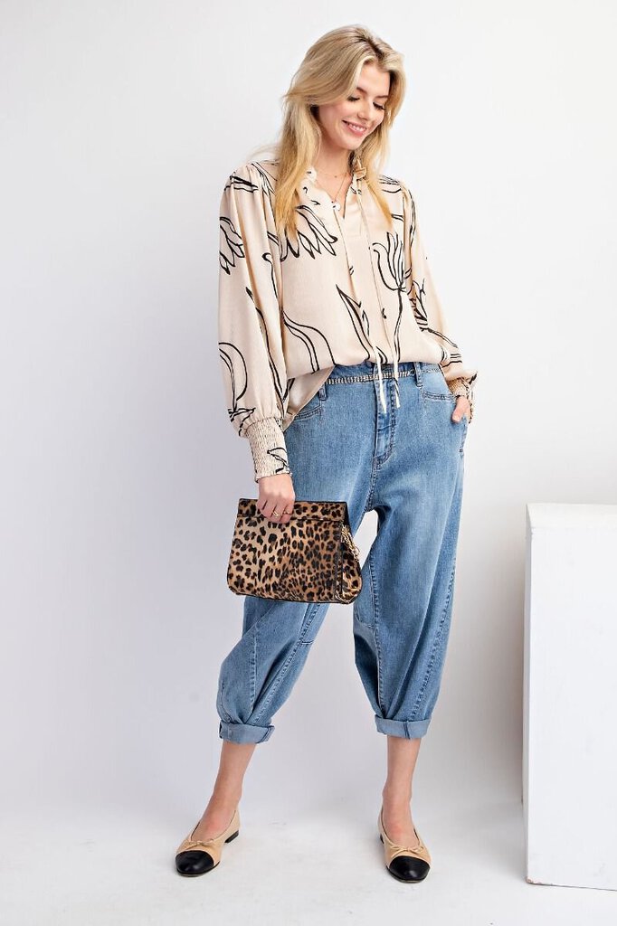 EASEL Cream and Black Long Sleeve Blouse Top