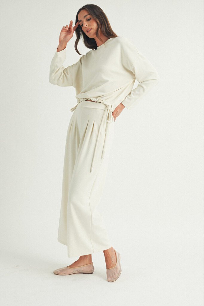 ELLE GREY lvory Long Sleeve Tie-Side Top with Wide Leg Pant