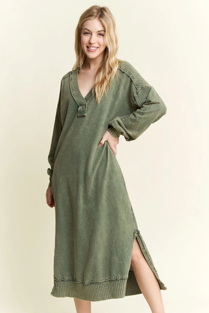 J HER GREEN MINERAL WASH POCKET LONG SLEEVE DRESS