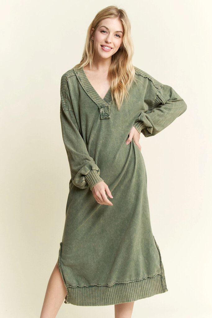 J HER GREEN MINERAL WASH POCKET LONG SLEEVE DRESS