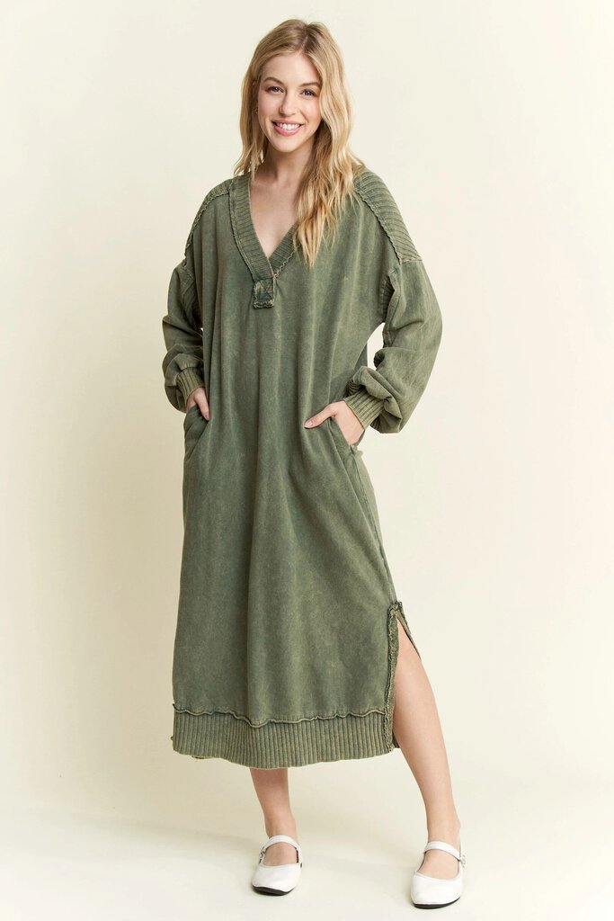 J HER GREEN MINERAL WASH POCKET LONG SLEEVE DRESS
