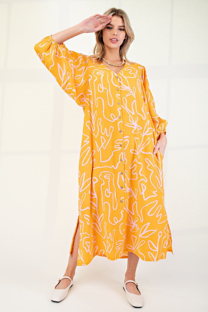 Easel Mango and Light Pink Button Down Maxi Dress