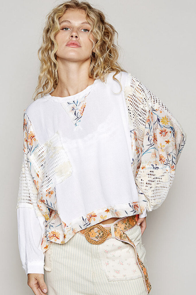 POL White Long Sleeve Top with Floral Trim