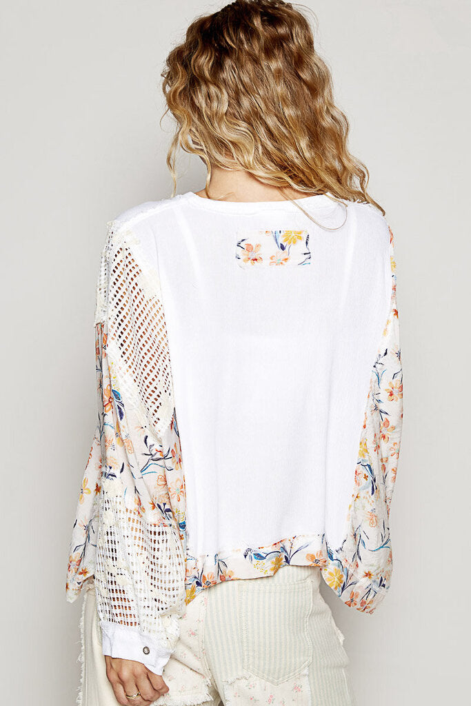 POL White Long Sleeve Top with Floral Trim
