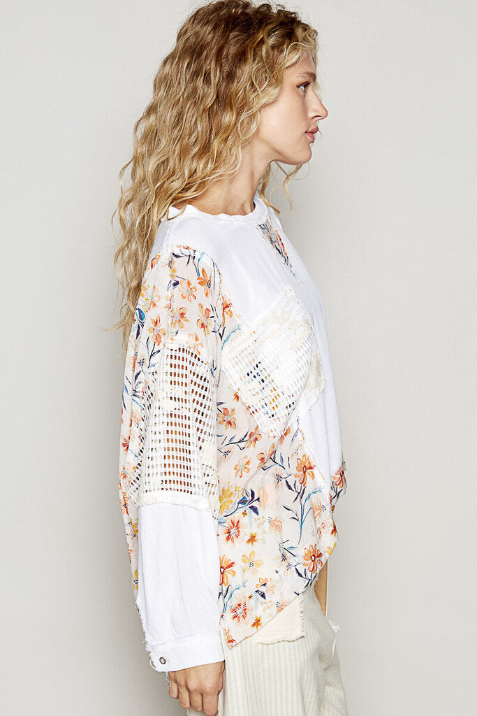 POL White Long Sleeve Top with Floral Trim