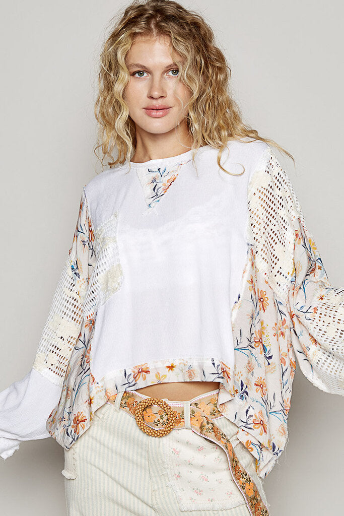 POL White Long Sleeve Top with Floral Trim