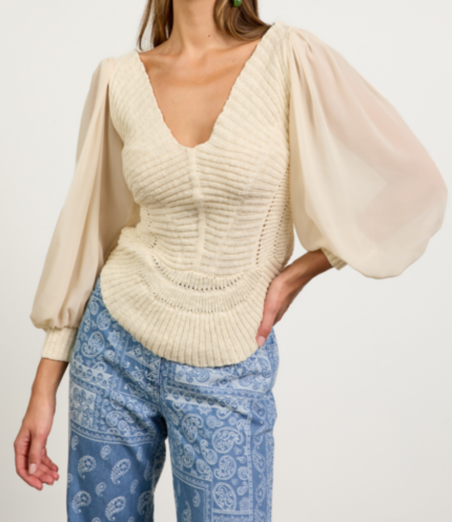SKIES ARE BLUE Cream Cotton Knit and Mesh Long Sleeve Top